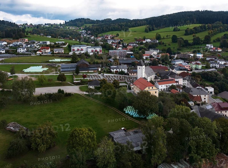 Drone image, view of the village with parish church, Grünbach near Freistadt, Mühlviertel, Upper Austria, Austria