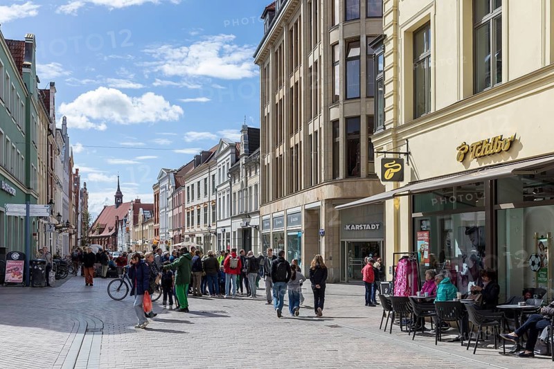 Lübsche Straße with the Karstadt headquarters is now a busy shopping street in the old town of the Hanseatic city of Wismar, Mecklenburg-Western Pomerania, Germany