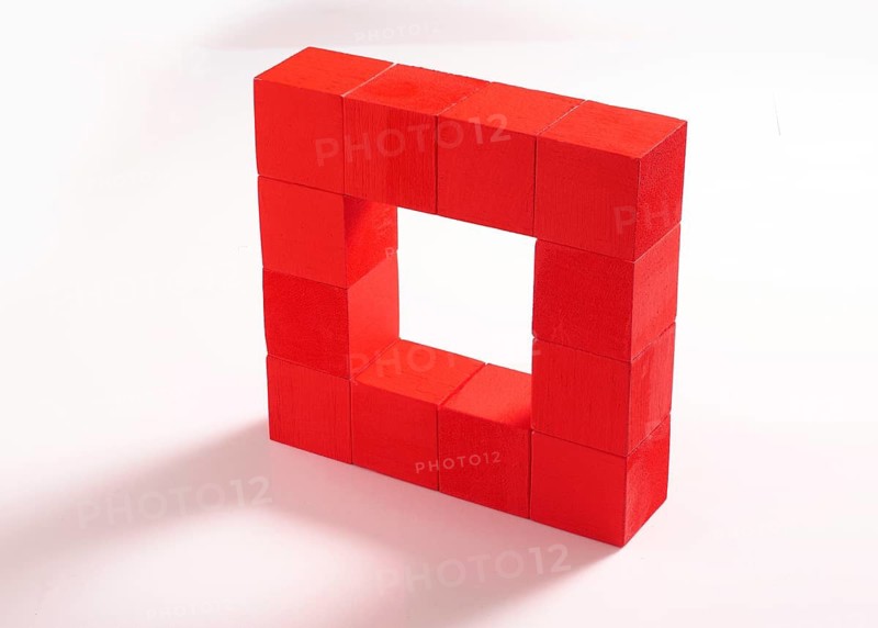 12 red wooden cubes against a white background