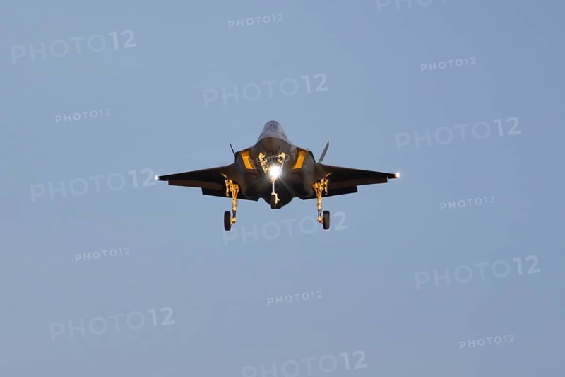 Lockheed Martin F-35 Lightning II military jet aircraft of the United States air force USAF flying on approach to RAF Lakenheath air base, Suffolk, England, United Kingdom