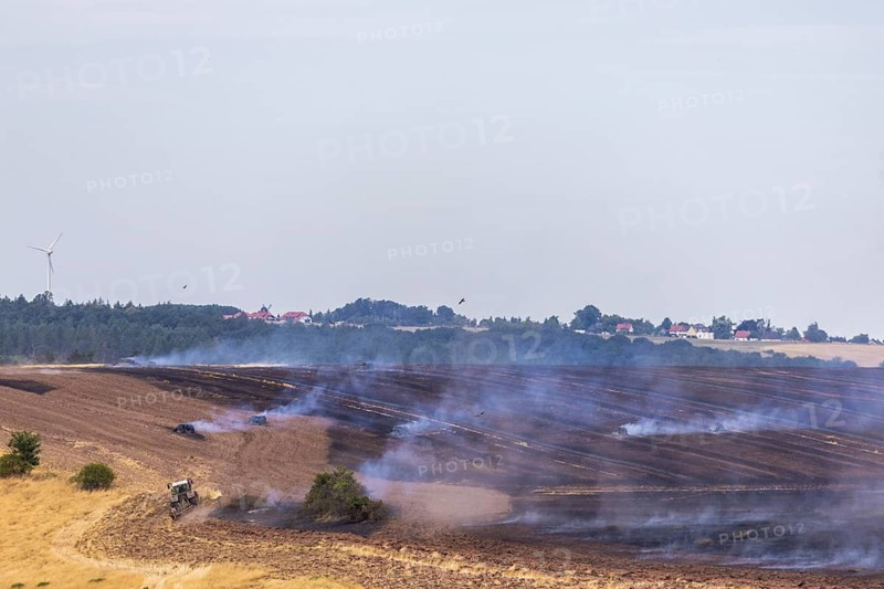 A grain field near Obernauendorf caught fire due to persistent dryness and gusty winds, the local fire brigades, together with farmers and their equipment, fought a further spread, Obernauendorf, Saxony, Germany