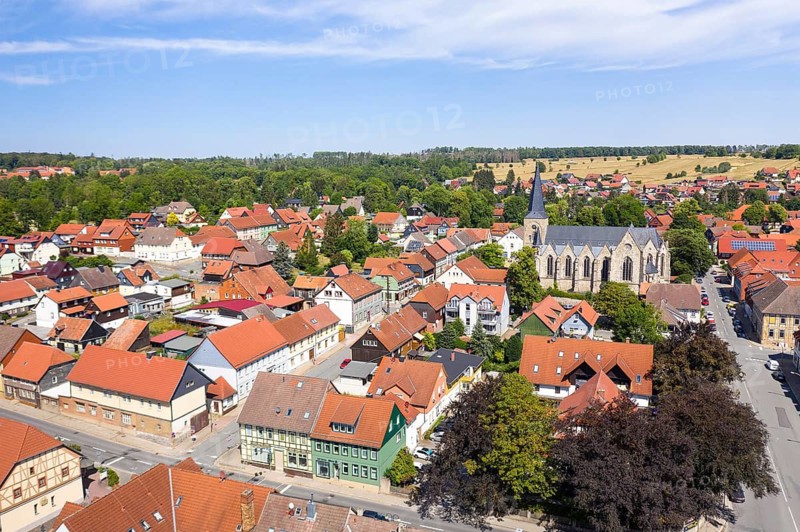 Town view with St Jakobi church from above, Elbingerorde, Harz, Saxony-Anhalt, Germany