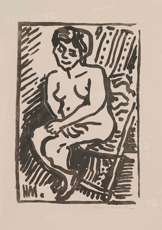 Henri Matisse, Henri Emile Benoit Matisse (born 31 December 1869, died 3 November 1954 in Cimiez), French painter, graphic artist, draughtsman, Classical Modernist. Here his work:, Small Black Woodcut (1906), Small black woodcut, Painting, Reproduction of the painting, Work of art, Historical, Black and white depiction of a seated nude woman in simple lines