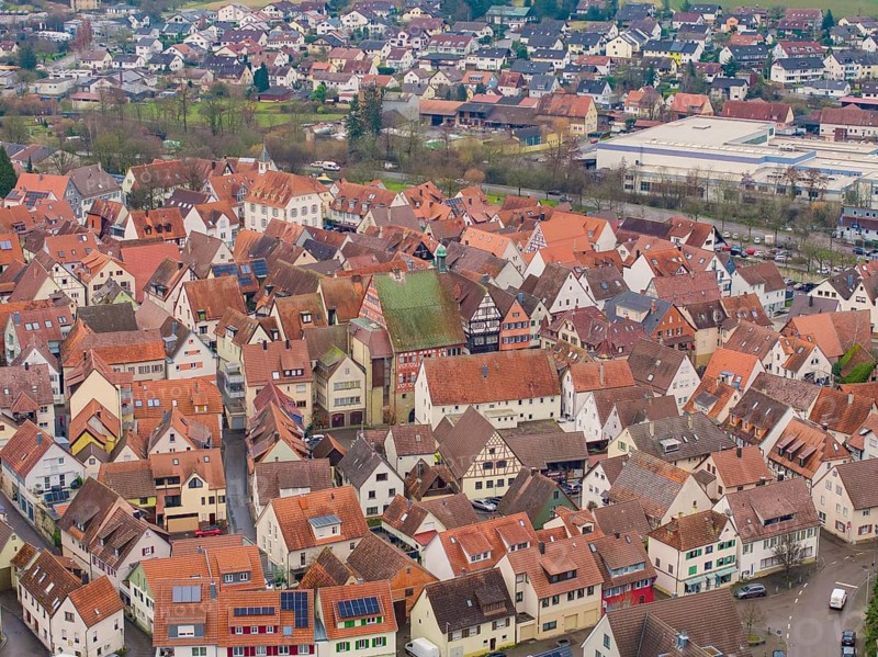 Village view with closely packed houses and red roofs in an urban setting, Großbottwar, Ludwigsburg district, Baden-Württemberg, Germany