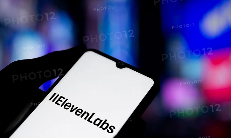 Elevenlabs logo is displayed on smartphone. ElevenLabs is a software company