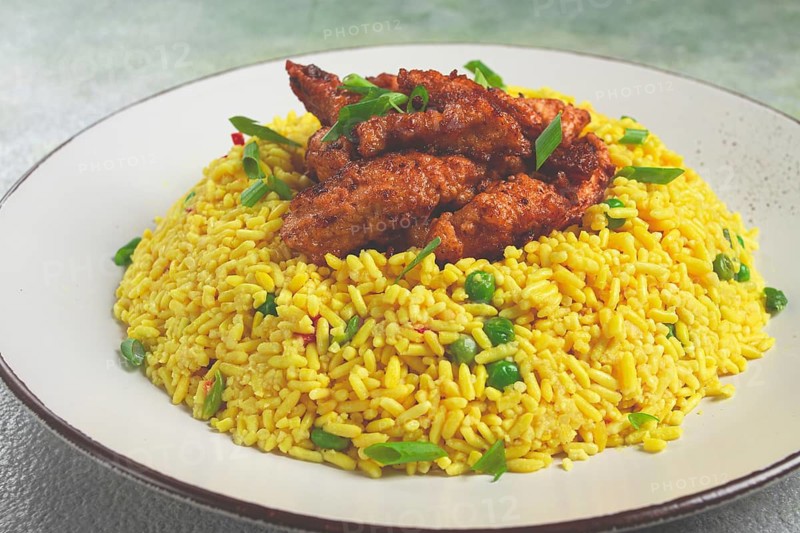 Crispy chicken fillet in soy sauce, with fried rice, homemade, no people
