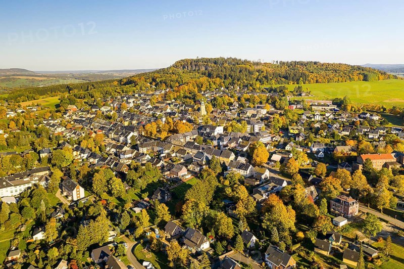 Aerial view of the mountain town Scheibenberg with mountain Scheibenberg in autumn, Erzgebirge, Saxony, Germany