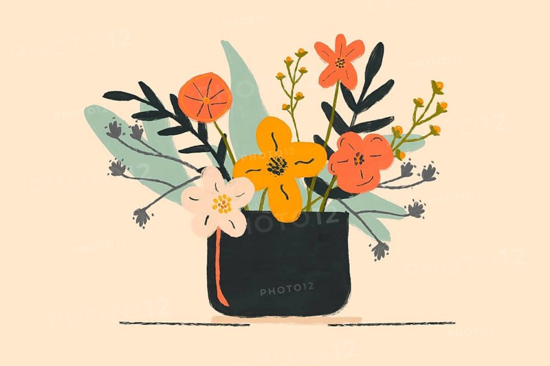 A charming summer illustration featuring a variety of stylized flowers in a dark vase against a soft pastel background. Perfect for seasonal design themes