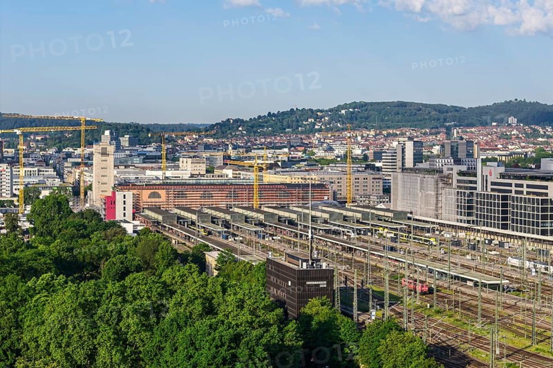 Aprelude at Stuttgart Central Station with office building in the Europaviertel. Stuttgart, Baden-Württemberg, Germany