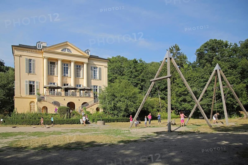 Neoclassical Freudenberg Castle and children's playground, Dotzheim, Wiesbaden, Taunus, Hesse, Germany