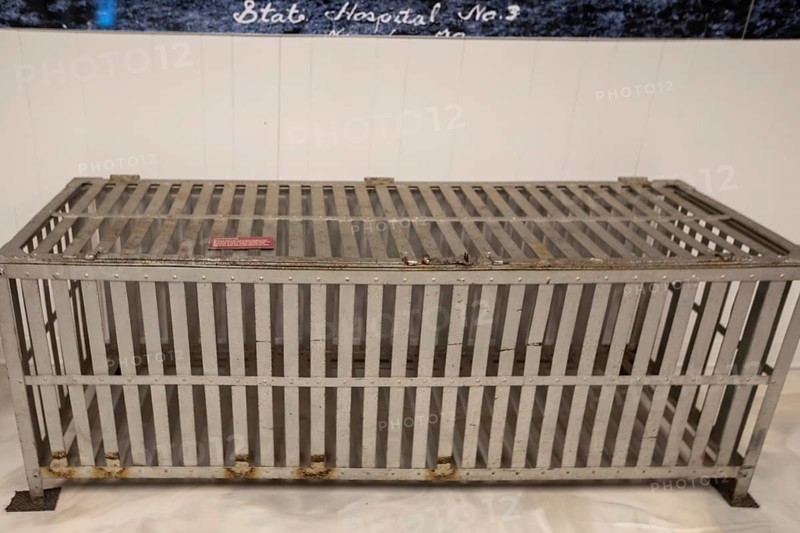 St. Joseph, Missouri - A restraint cage used to confine dangerous patients, on display at the Glore Psychiatric Museum. The museum documents the treatment of the mentally ill at the former State Lunatic Asylum No. 2 and elsewhere.