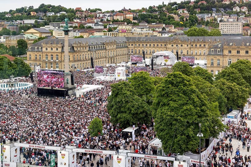 Public viewing on the Schlossplatz with 35, 000 spectators. They cheer the 4:2 victory of their VfB Stuttgart against Arminia Bielefeld in the DFB Cup final. Stuttgart, Baden-Württemberg, Germany
