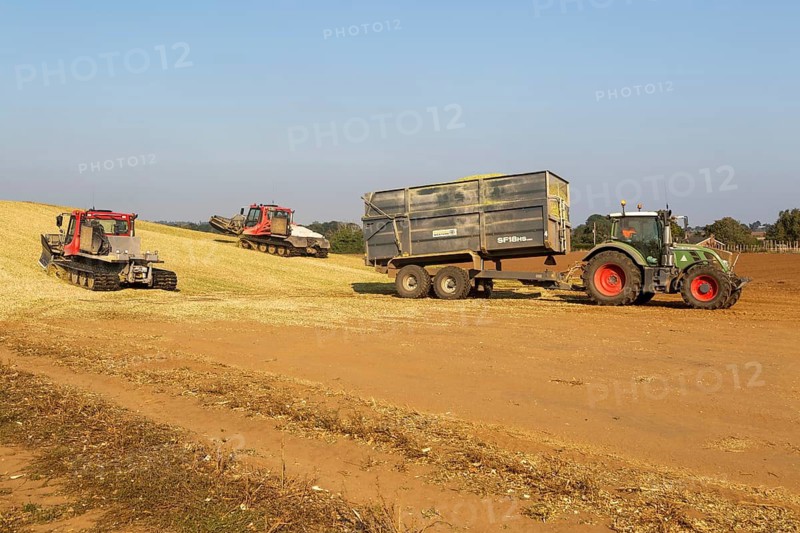 Piston Bully tracked bulldozer vehicles building silage clamp of sweetcorn maize in field stored for biofuel, Alderton, Suffolk, England, UK