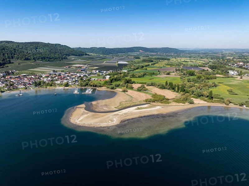 Aerial view of the mouth of the Stockacher Aach at low water, which flows into Lake Überlingen. The sedimentation of the suspended matter and sediment carried by the tributary is gradually silting up the shore zone near Bodman-Ludwigshafen. Lake Constance, district of Constance, Baden-Württemberg, Germany