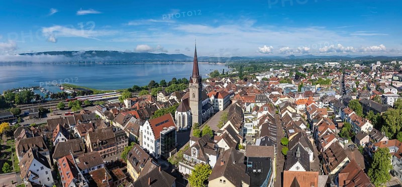 Aerial view, panorama of the historic old town of Radolfzell am Lake Constance with the cathedral, Konstanz district, Baden-Württemberg, Germany
