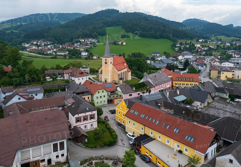 Drone image, view of the village, Waldhausen im Strudengau, Mühlviertel, Upper Austria, Austria