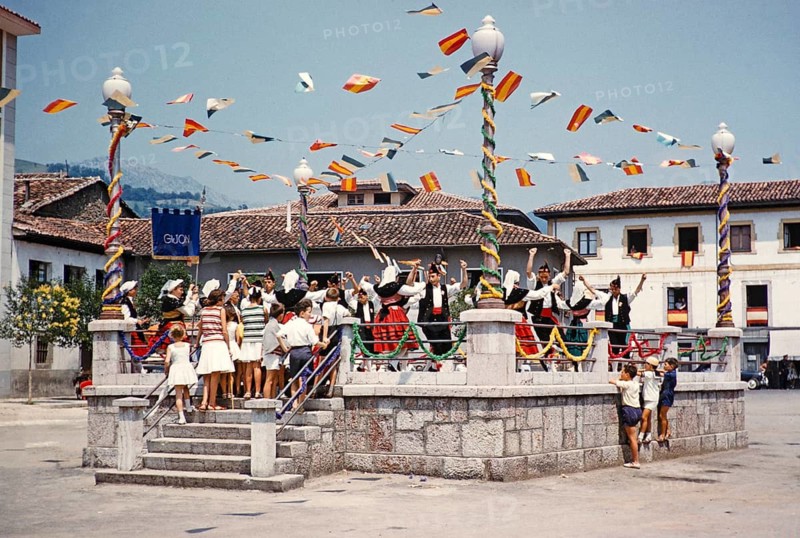 Traditional Asturian folk dance group from Gijon performing in a village, Asturias, northern Spain 1959