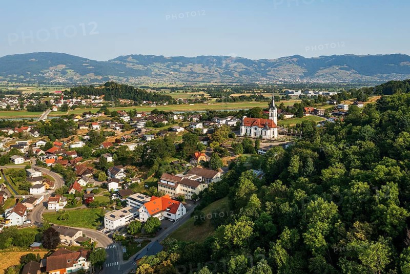 Drone image, view of town with parish church, Koblach, Rhine Valley, Vorarlberg, Austria