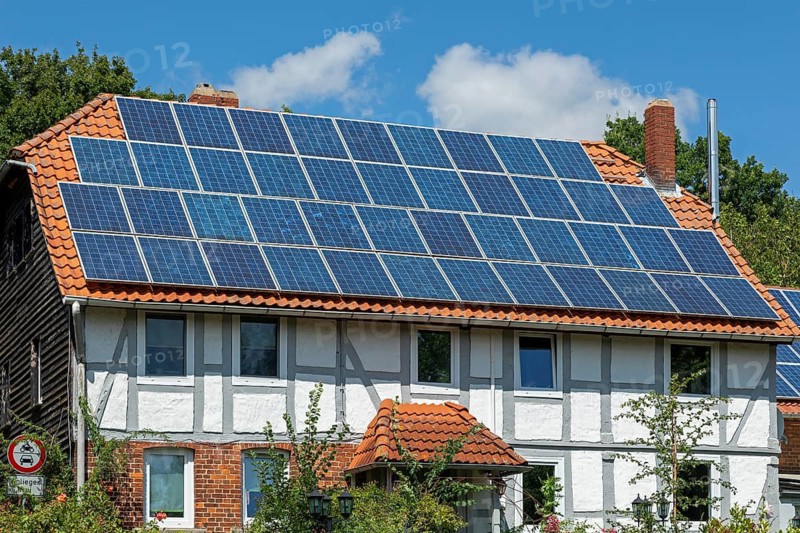 Half-timbered house, photovoltaics, Wittenburg, Elze, Lower Saxony, Germany