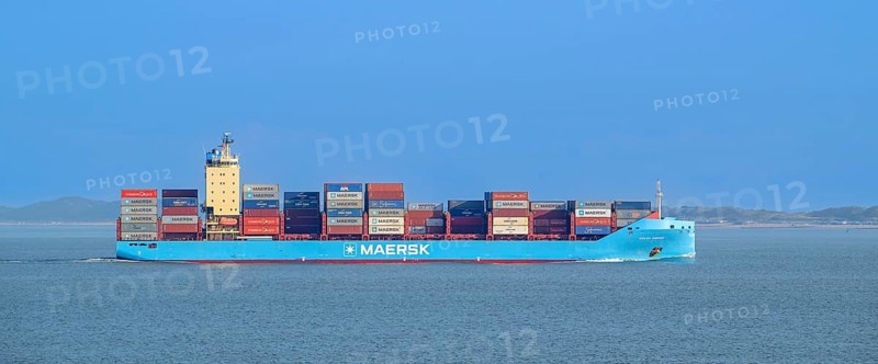 Container ship, containership Volga Maersk of the A. P. Møller-Mærsk Group, sailing under the flag of Denmark, loaded with containers