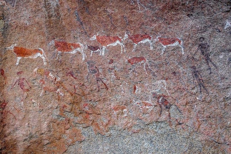White Lady Rock Painting, White Lady Painting, Depiction of Hunters and Animals, Rock Paintings in Maack's Shelter, Tsisab Gorge, Brandberg, Erongo, Namibia