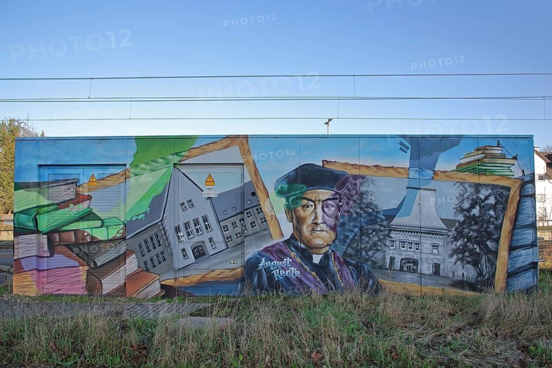 Mural with memorial to Rector and Professor August Reatz of the University, history, head, books, stacks of books as a symbol of knowledge and study, study, learning, gatehouse, university building, frame, university, campus, Bretzenheim, Mainz, Rhine-Hesse region, Rhineland-Palatinate, Germany
