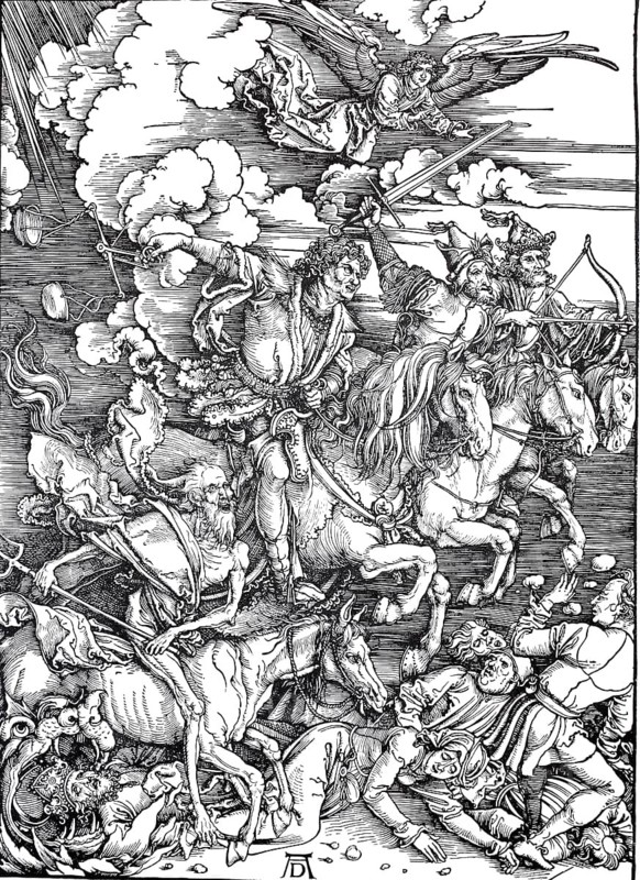 Picture cycle The Apocalypse, the four horsemen of the Apocalypse, woodcut by Albrecht Dürer, historical, digital improved reproduction of an old woodcut