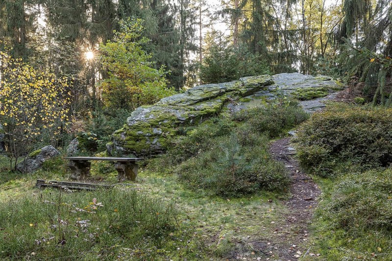 Schwarzer Stein rock formation with Versteinerter Mönch rock formation east of Grünbach in Vogtland, Saxony, Germany