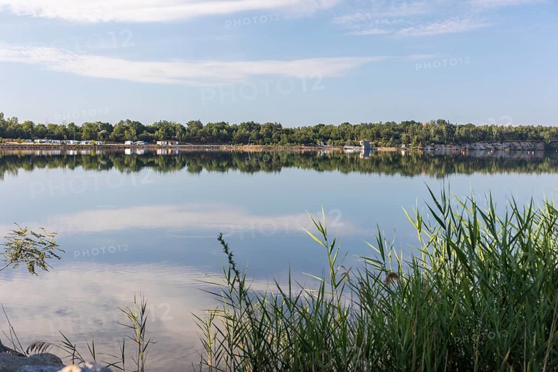 View of the campsite and floating holiday home on Lake Partwitz, Klein Partwitz, Elsterheide, Lusatian Lakeland, Saxony, Germany