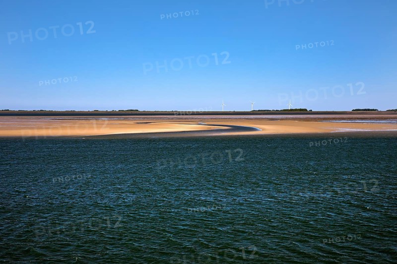 Schleswig-Holstein Wadden Sea National Park at low tide with sandbanks and mainland, North Frisia, Germany
