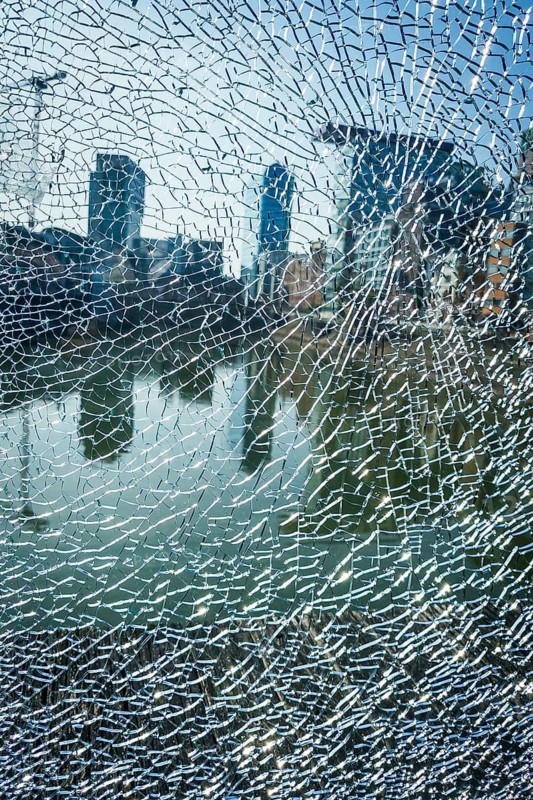 Shattered glass pane, crime, vandalism, harbour, Düsseldorf, North Rhine-Westphalia, Germany