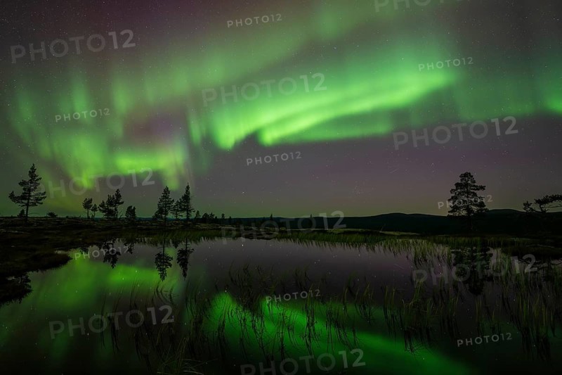 Northern Lights (Aurora borealis) reflected in a mountain lake, Norrbotten, Lapland, Sweden, September 2024