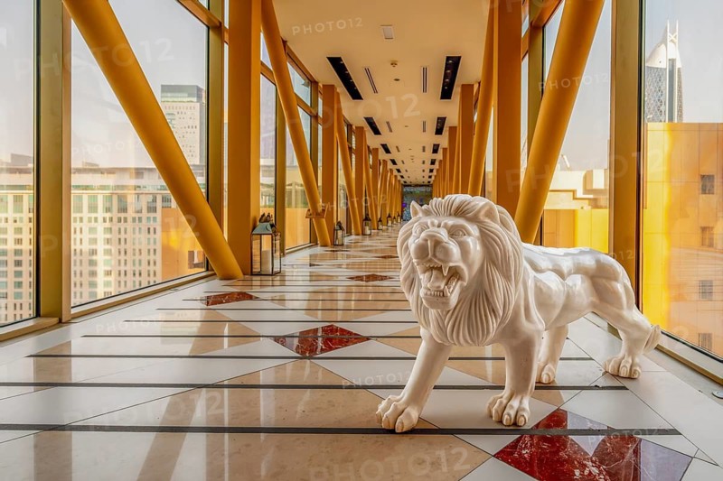Hotel Gevora connecting tunnel with lion sculpture, Dubai, United Arab Emirates, UAE