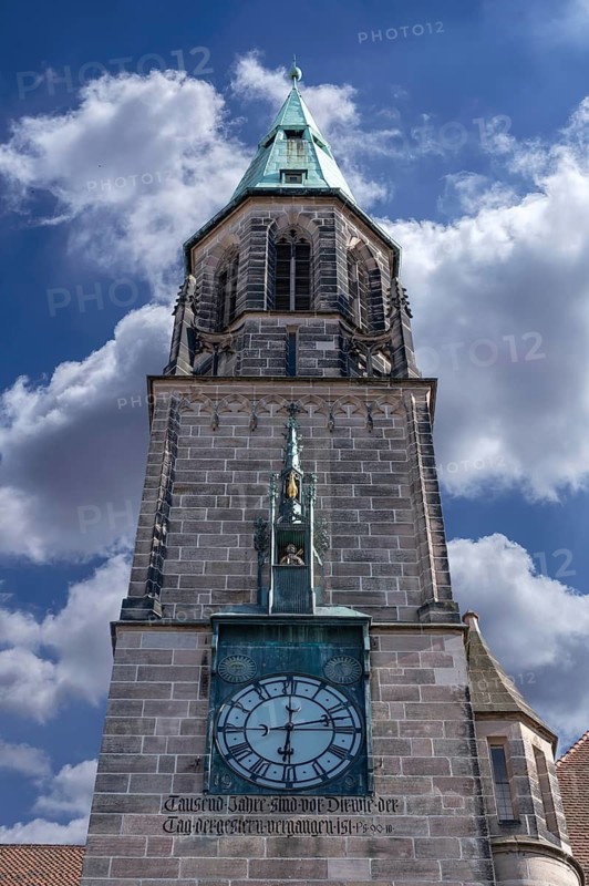 Tower clock from St. Peter's Church, built from 1897 to 1901 in neo-Gothic style, Regensburger Str. 62, Nuremberg, Middle Franconia, Bavaria, Germany