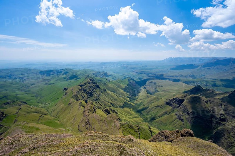 Mountain landscape of the Cathedral Range, view from Cathedral Peak or Cathedralpiek or Mponjwana, Drakensberg Mountains, KwaZulu-Natal, South Africa
