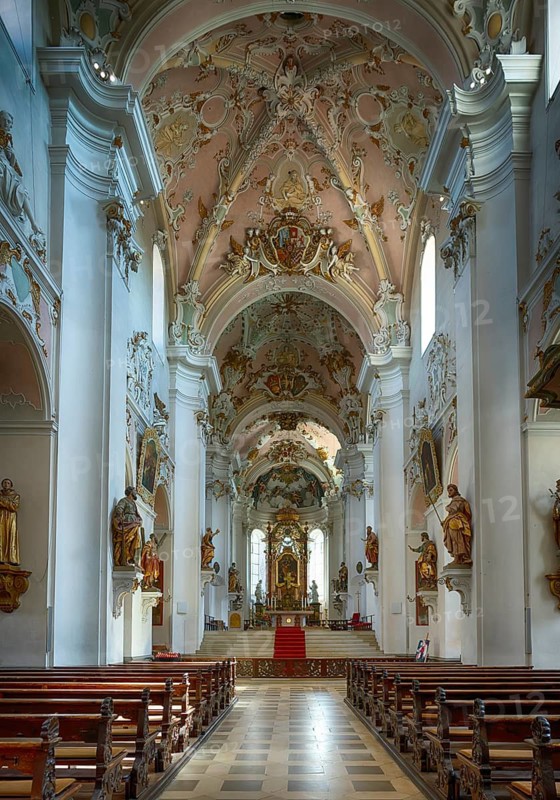 Interior view, nave, chancel, altar, Protestant town church, Ellwangen (Jagst), Baden-Württemberg, Germany