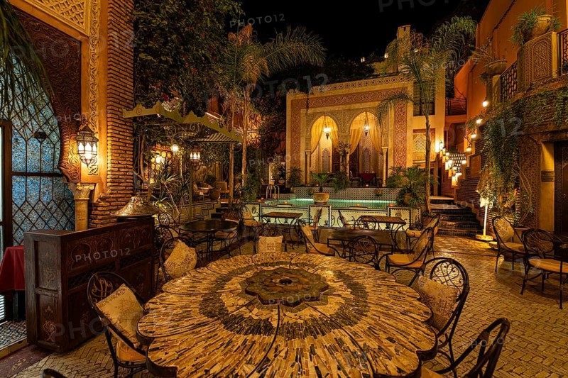 Oriental courtyard at Hotel Riad Palais Sebhan, former city palace, Medina, Marrakech, Maghreb, North Africa, Morocco