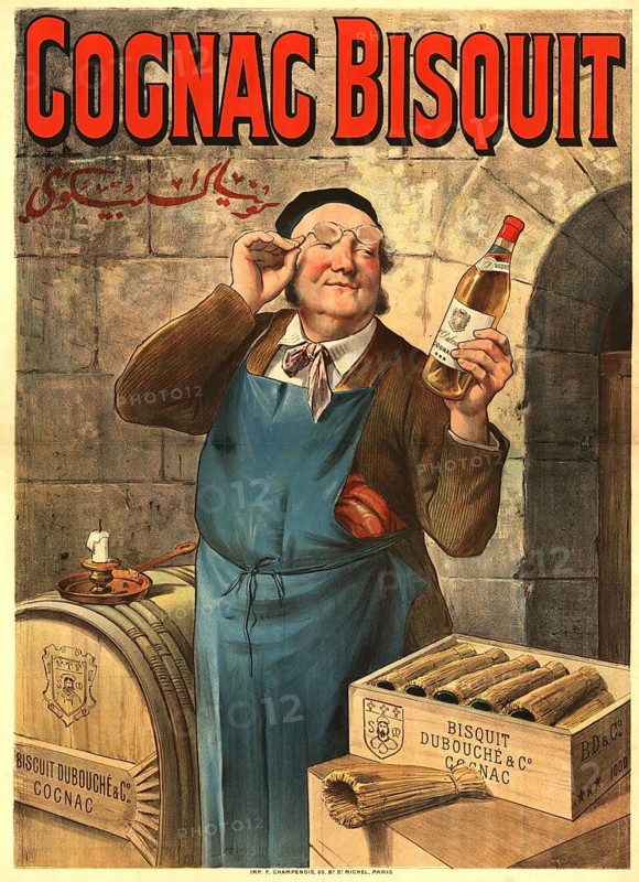 Advertising poster, beverage advertisement, poster for cognac Bisquit Dubouché & Co, picture showing a man in a blue apron and beret checking a bottle of cognac in a wine cellar, 1900, France, authentic reproduction of a historical advertising poster, advertising sign, in high resolution