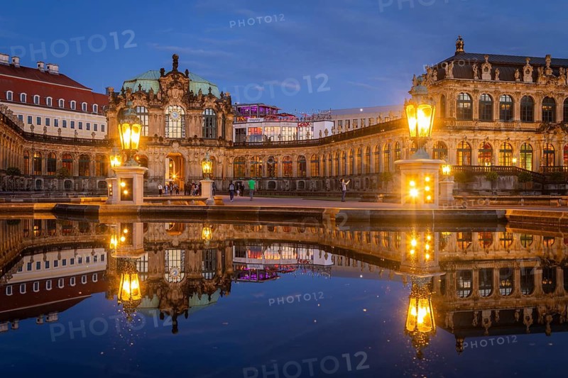 The reconstrated Zwingerhof, also pleasure garden, at the blue hour, Dresden, Saxony, Germany
