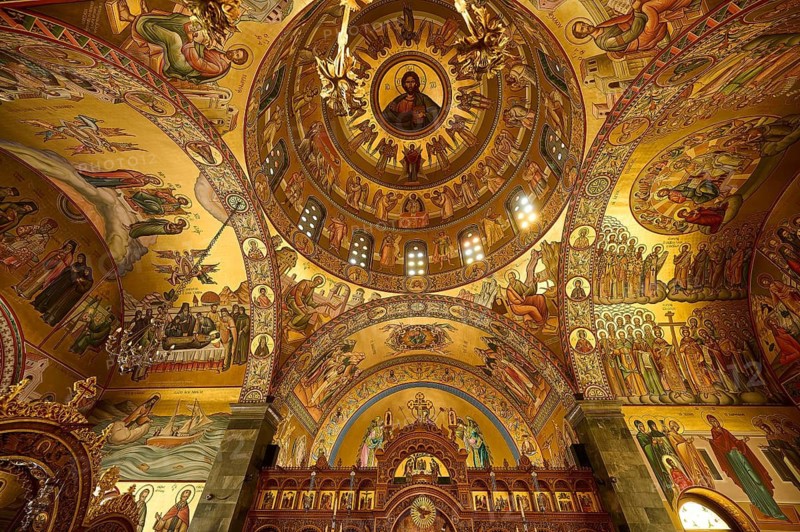 Agiou Sarvas monastery, Agion Pandon church, magnificent church interior with richly decorated icons and paintings on the ceiling, Pothia, main town, port, Kalymnos, Sponge Diving Island, Dodecanese, Greek Islands, Greece