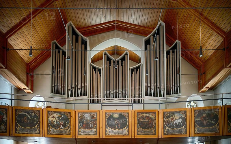 Interior view, organ on gallery, Lutheran City Church of St. Peter and Paul, Blaubeuren, Swabian Jura, Baden-Württemberg, Germany
