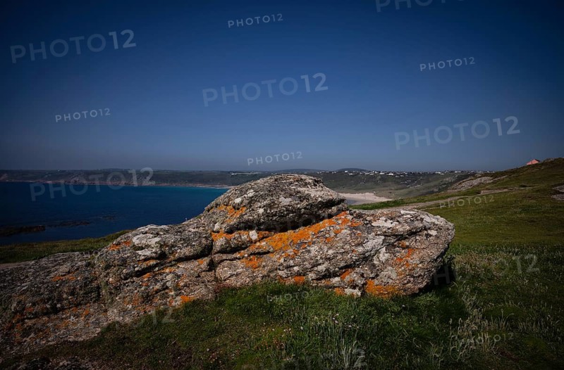 Rock formation, cliffs with lichens, Land's End headland, Penzance, Penwith Peninsula, Cornwall, England, Great Britain, Great Britain