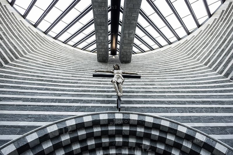 Interior view, modern chapel, San Giovanni Battista, architect Mario Botta, Mogno, Maggia Valley, Valle Maggia, Canton of Tessin, Switzerland