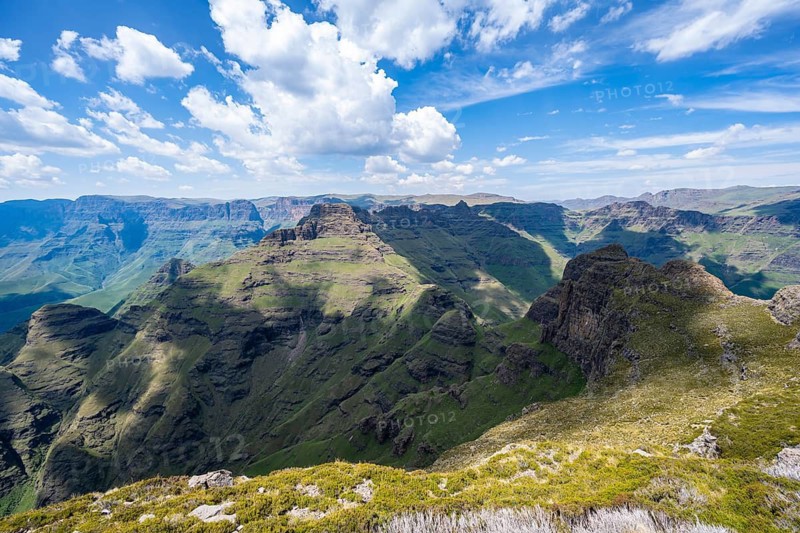 Mountain landscape of the Cathedral Range, view from the summit of Cathedral Peak or Cathedralpiek or Mponjwana, Drakensberg Mountains, KwaZulu-Natal, South Africa