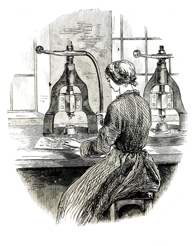 Woman using a manual screw press to make steel springs for pens, 1860. Worker in a factory during the industrial revolution, authentic, high-resolution reproduction from a 19th century original, exact date of presentation unknown, historical