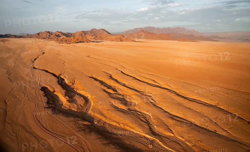Aerial view, evening mood, canyons in the Namib Desert behind Naukluft Mountains, Namib Naukluft Park, Namibia