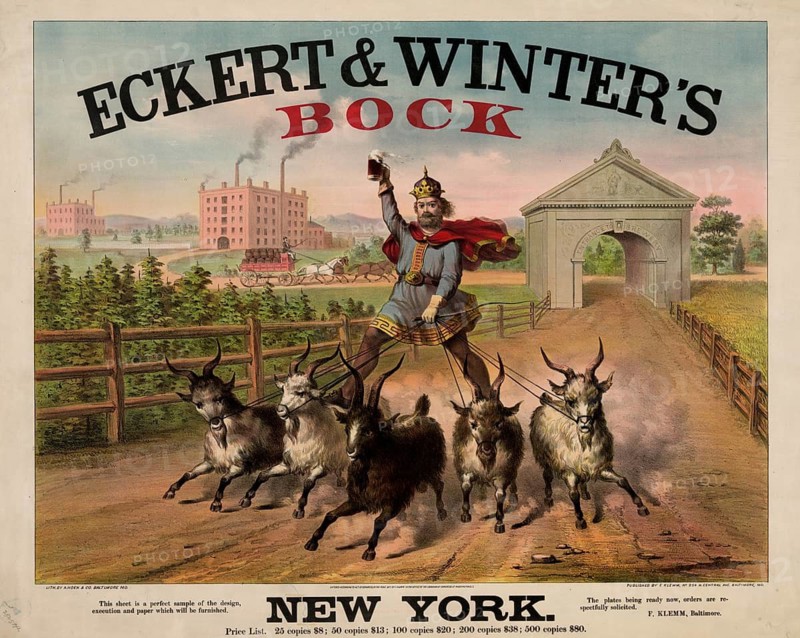 Advertising poster, beverage advertisement, advertising poster for Eckert & Winter's buck from New York, 1871. Picture shows the legendary King Gambrinus, the patron saint of beer, standing on a chariot pulled by goats, authentic reproduction of a historical advertising poster, advertising sign, in high resolution
