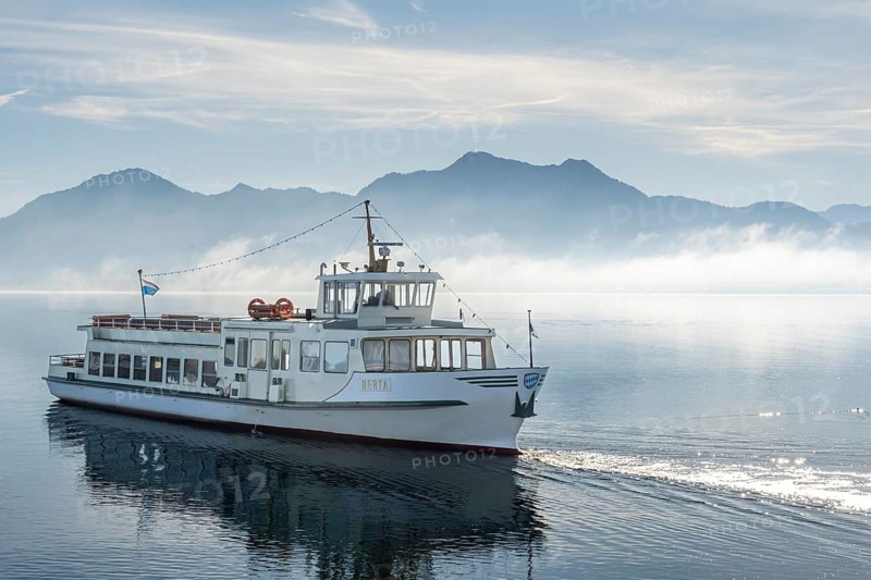 Passenger ship in front of mountain panorama on Lake Chiemsee, Upper Bavaria, Bavaria, Germany