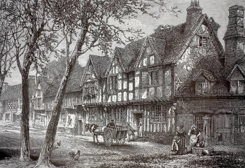 A street in the old town of Warwick, county of Warwickshire in England, illustration, reproduction from a 19th-century model. Authentic, file restored for optimal use, exact date of submission unknown, historical