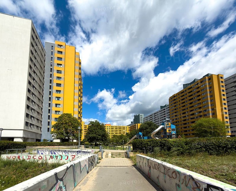 Playgrounds and skyscrapers in the Märkisches Viertel social housing development in the north of Berlin, MV, Germany